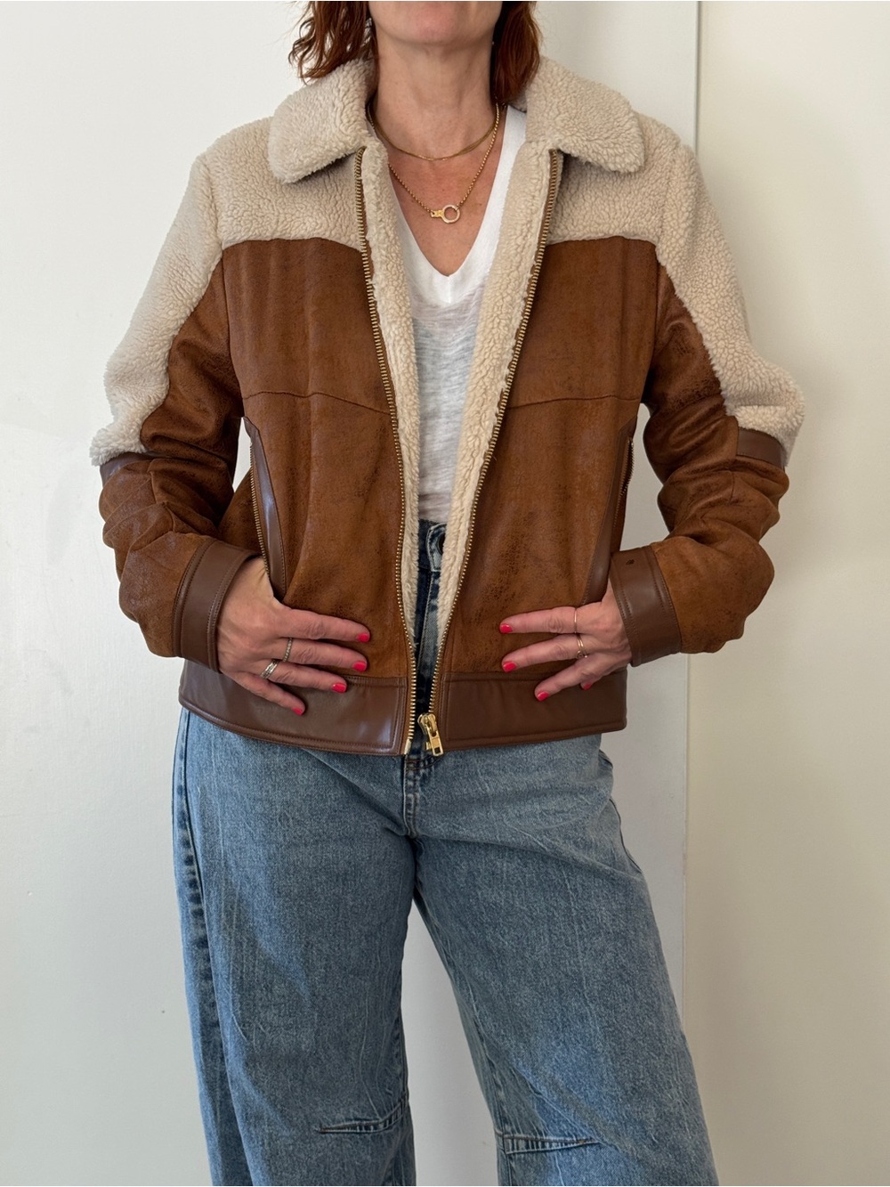MOTHER Trapper Keeper Faux Shearling & Suede Brown & Cream Bomber Jacket Med. - Picture 2 of 10
